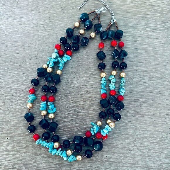 Turquoise Multistrand Beaded Statement Necklace - Picture 2 of 3